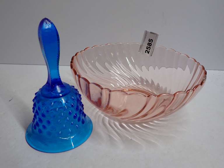 Vintage Blue Glass Bell and Pink Glass Bowl image