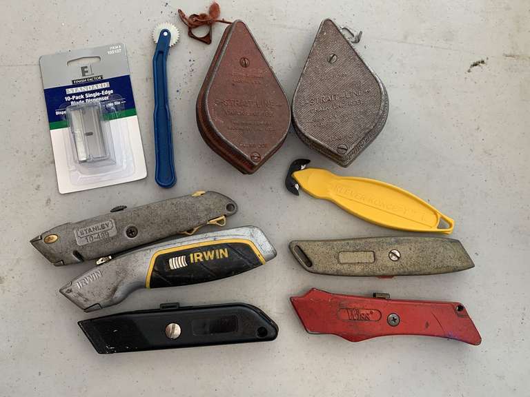 CONTAINER FULL OF BOX CUTTERS & 2 CHALK LINE REELS - GARAGE image