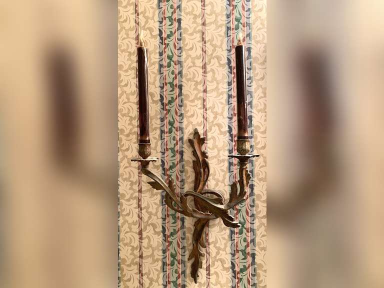 BURNISHED METAL 2 ARM CANDLE WALL SCONCE W/ CANDLES 24" TALL X 12" WIDE - POWDER ROOM image
