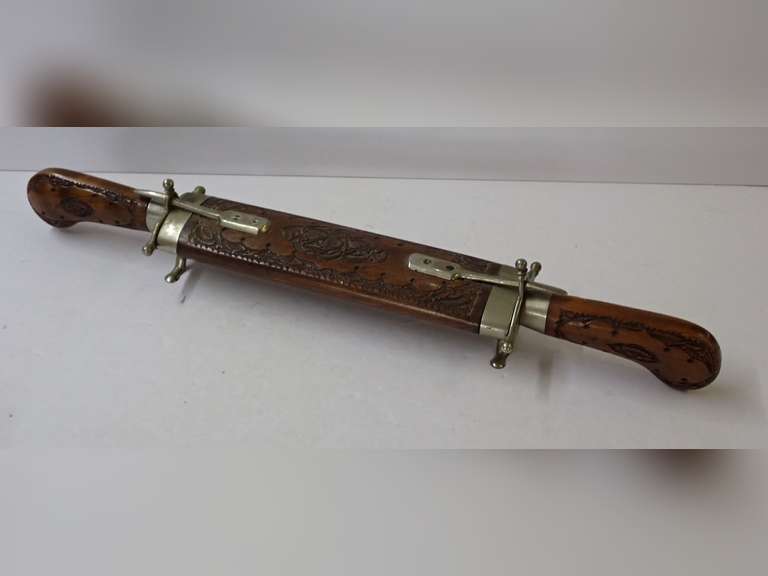 Ornate Carved Wood Handle Knife and Fork Set with Sheath image