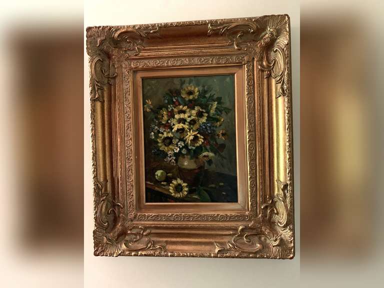 OIL ON CANVAS SIGNED BY ARTIST OF SUNFLOWERS IN LARGE GOLD ORNATE FRAME 24X28 - FOYER image
