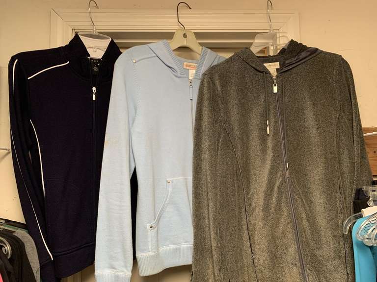 5 NICE LADIES HOODIES - SIZE SMALL (REAL NICE) - 2 WEST BOUND, 1 LIZ CLAIBORNE, 1 JONES NEW YORK, 1 RAFALLA) - UP MASTER BED image
