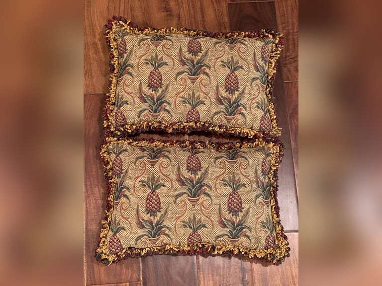 2 TAPESTRY THROW PILLOWS WITH FRINGE 12" X 11" - DEN image