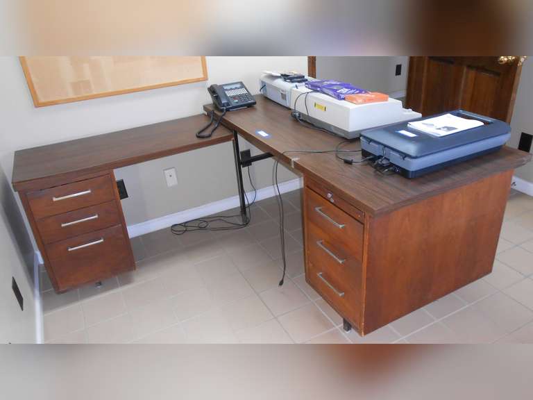 (1) SECRETARY "L" DESK, (1) 36" X 72" OFFICE DESK, (2) COMPUTER STANDS & (2) OFFICE CHAIRS image