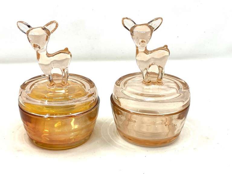 LR… Vintage powder jars, two pieces, believed to be vintage Jeanette Marigold carnival glass, see pictures for details. image