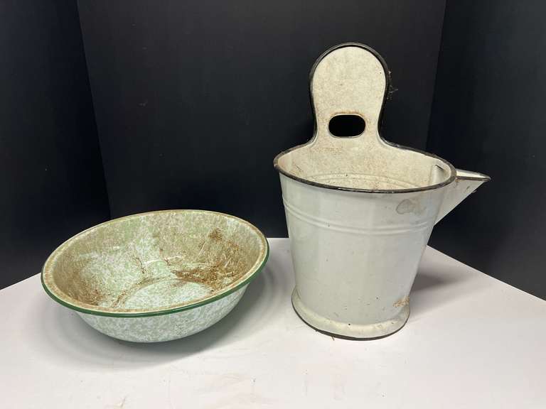 Enamelware basin and wall mount planter, See pictures for details. image