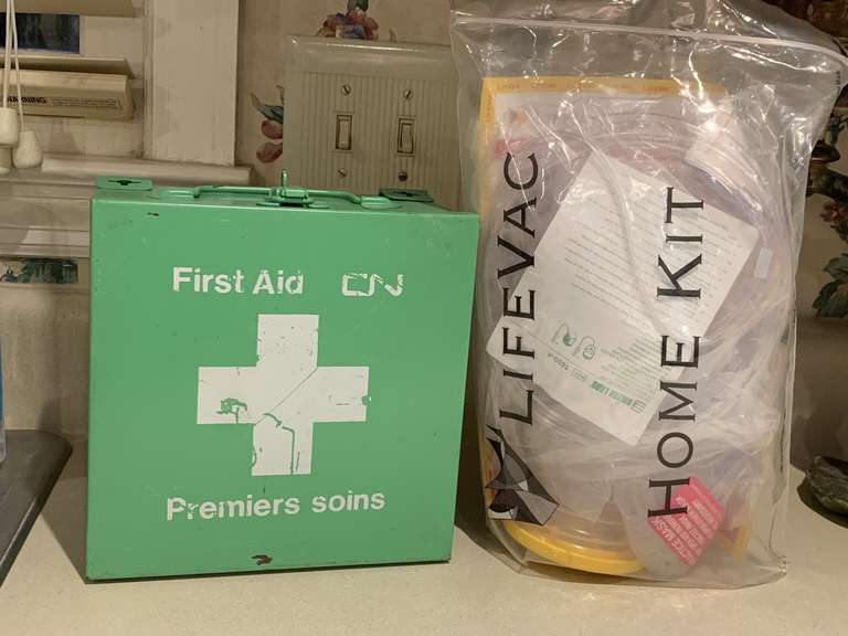 VINTAGE METAL FIRST AID BOX (FULL) & NEW LIFEVAC - KITCHEN image