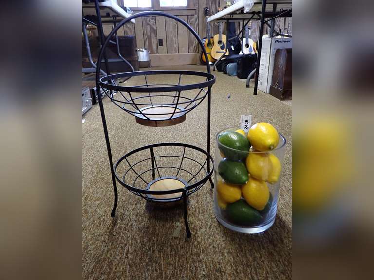 Two-Tiered Fruit Basket and Glass Jar with Faux Fruit image
