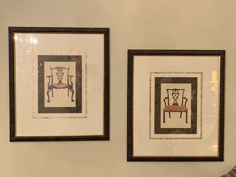 PAIR NICELY FRAMED/MATTED PRINTS OF CHIPPENDALE CHAIRS 15 1/2" X 17 3/4" - DINING ROOM image