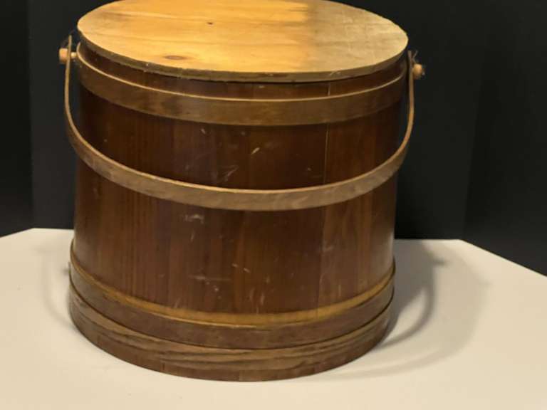 KIT… Vintage/antique large firkin bucket, this piece has a homemade lid replacement, see pictures for details. image