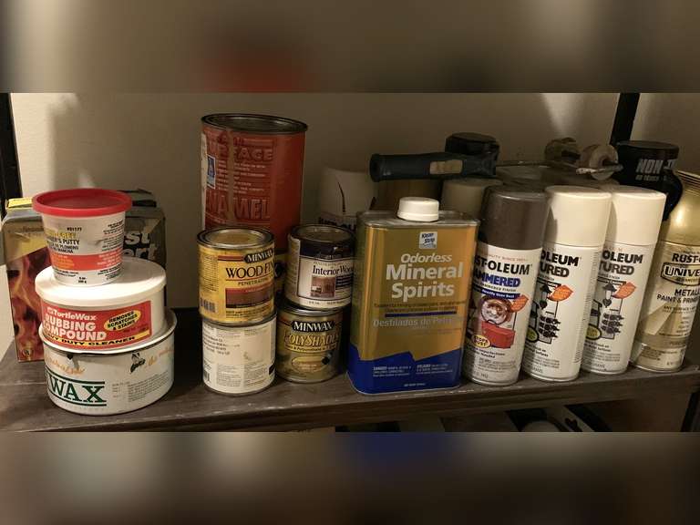 SHELF LOT OF ASSORTED PAINTING SUPPLIES & MORE - LAUNDRY image