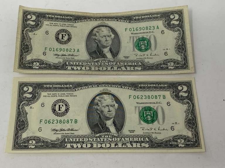 Two dollar bills, set of two, 1995 series, see pictures for details. image