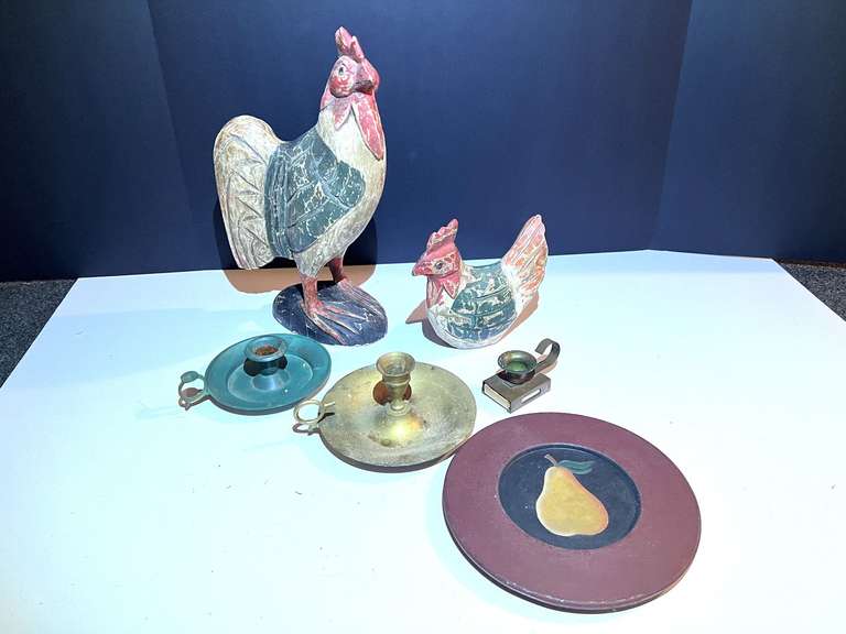 BR3…Folk art chicken decor, large piece is missing a piece of its top notch, also includes candlestick holders, and more, see pictures for details. image