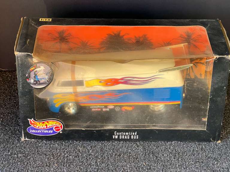Collectible Hot Wheels customized VW drag bus, 1/18 scale, comes in original box, see pictures for details. image