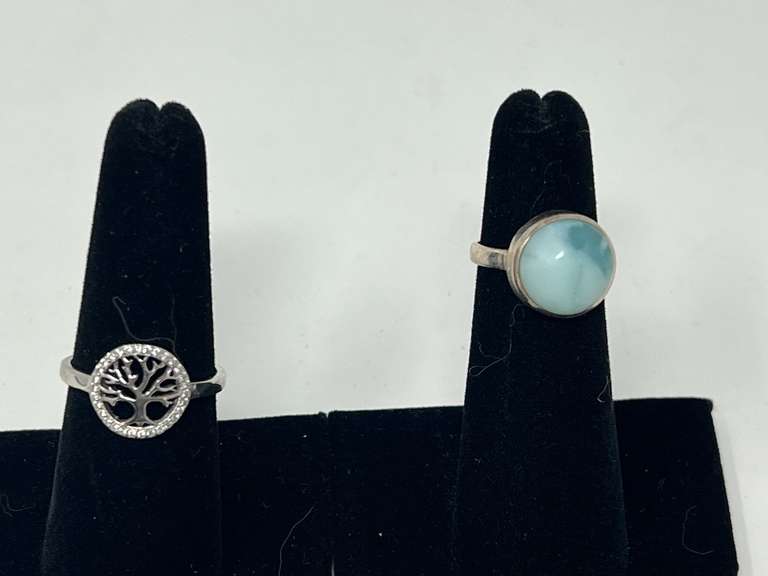 Ladies sterling silver tree of life ring, stamped 925, also includes a sterling silver ring stamped 925 with a round cabochon, believed to be Larimar , see pictures for details. ￼ image