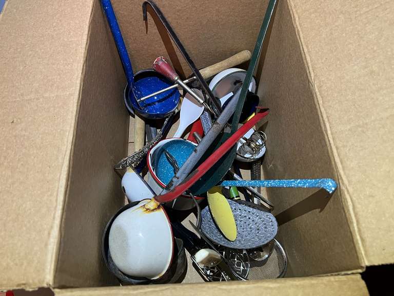 BR3… Box lot of assorted vintage kitchen utensils to include an enamelware ladle, large slotted spoon, hand mixer, potato masher, and much more. See pictures for details. image