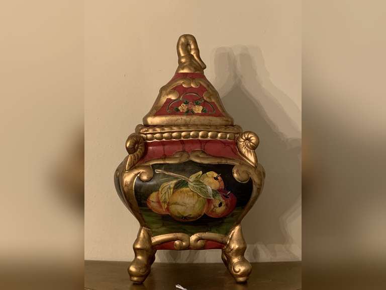 DECORATIVE CERAMIC HAND PAINTED LIDDED BOX 10 3/4" TALL X 6" WIDE - DINING ROOM image