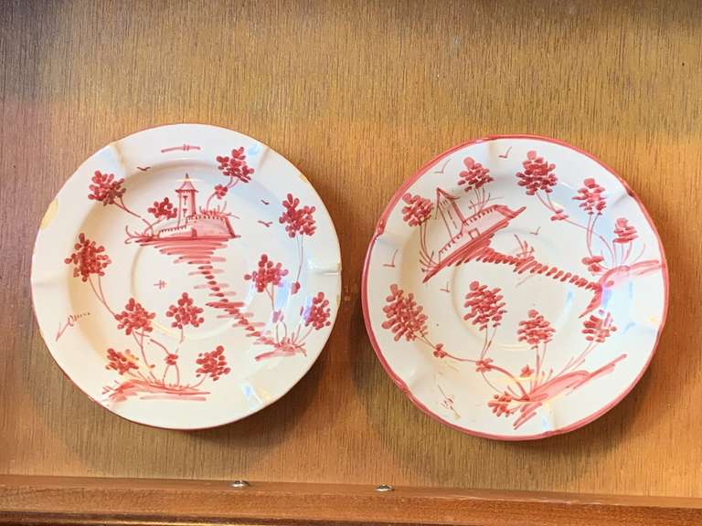2 VINTAGE ITALIAN MAJOLICA 5 1/2" ROUND SAUCERS "RED CASTLE" (ONE HAS CHIP ON EDGE) - LIVING ROOM image