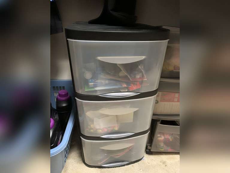 3 DRAWER PLASTIC STORAGE ORGANIZER (DOES NOT INCLUDE CONTENTS) 13" WIDE X 25" TALL X 14" DEEP ***SPECIAL PICKUP INSTRUCTIONS - UP MASTER CLOSET 2 image