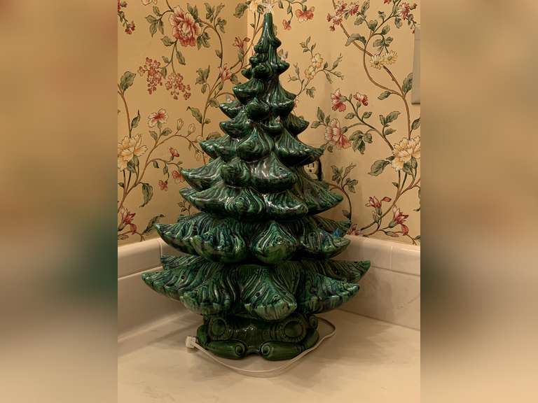 LARGE GREEN LIGHTED CERAMIC CHRISTMAS TREE 24" TALL X 16" WIDE - UP HALL BATH image