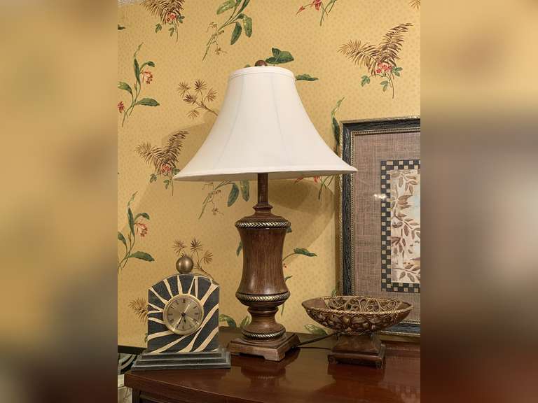 DECORATIVE RESIN BOWL 10" ROUND X 5" TALL, ZEBRA PATTERN QUARTZ CLOCK 9" TALL X 7 1/2" WIDE X 3 3/4" DEEP & BROWN RESIN TABLE LAMP 25" TALL - UP MASTER BATH image
