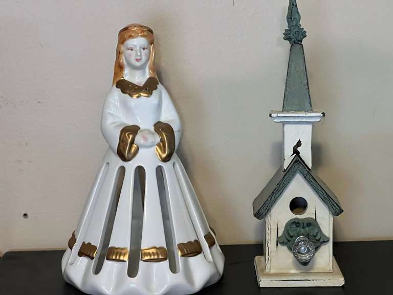 KIT… Ceramic lady napkin holder, also includes a small wooden church birdhouse, steeple needs to be re-glued, see pictures for details. image