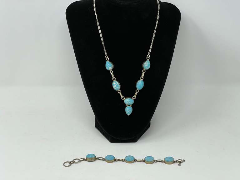 Ladies silver bracelet and necklace, both are stamped 925 with stones resembling Larimar, necklace is lariat style, see pictures for details. image