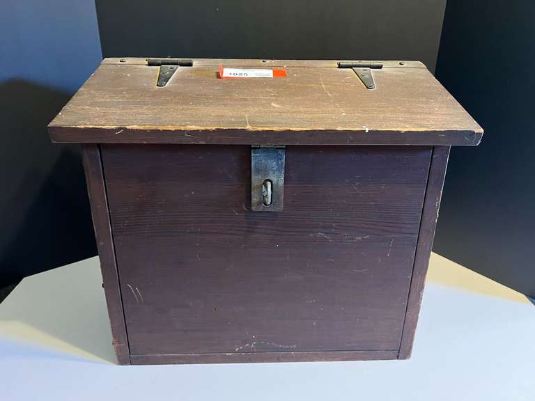 LR… Vintage custom storage box with hinged slanted lid and hasp, with content, see pictures for details. image