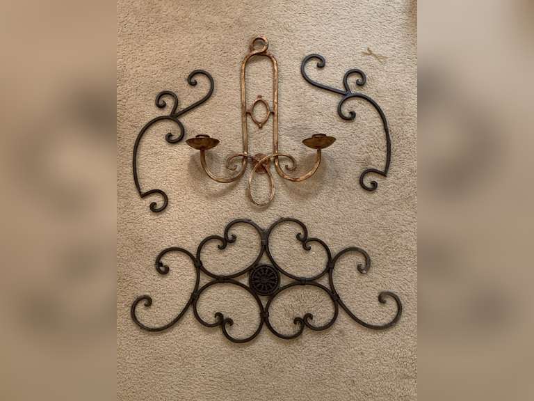 3 PIECES WROUGHT IRON WALL DECOR (1 PIECE 24" LONG X 16" WIDE, 2 PIECES 14 1/2" LONG) & ANTIQUE BRONZED METAL 2 CANDELABRA WALL SCONCE 17" LONG X 14 1/2" WIDE - UP MASTER BED image