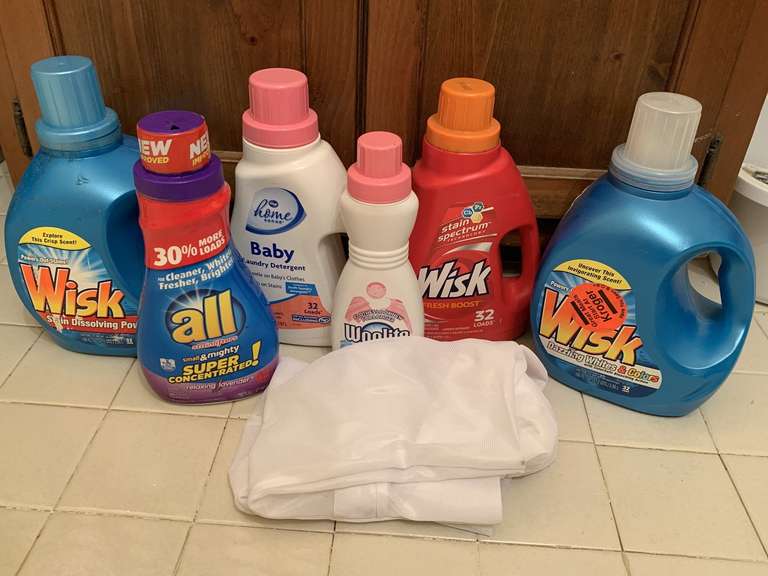 3 BOTTLES WISK LIQUID LAUNDRY DETERGENT, SMALL BOTTLE ALL, WOOLITE & LANDRY BAG (MOST FULL) - UP MASTER BATH image