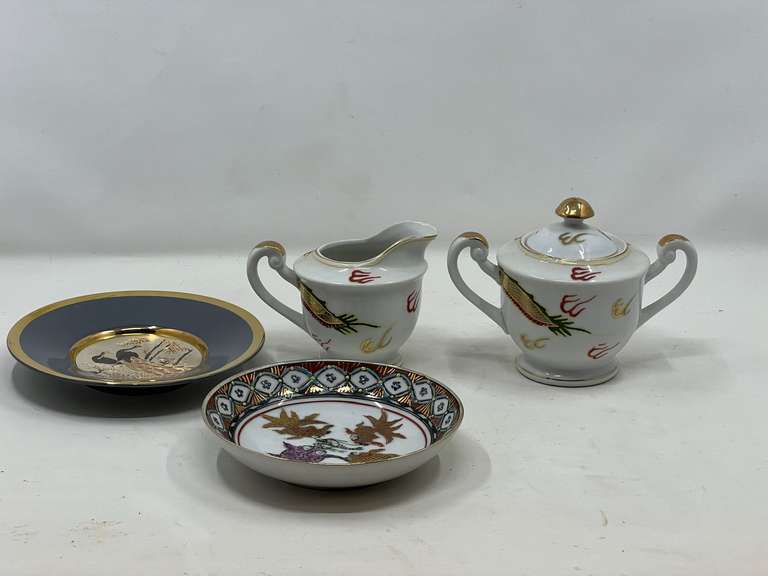 KIT… Hand painted Victoria China sugar and creamer, also includes a decorative Asian themed bowl, and a Chokin art plate, see picture for details. ￼ image
