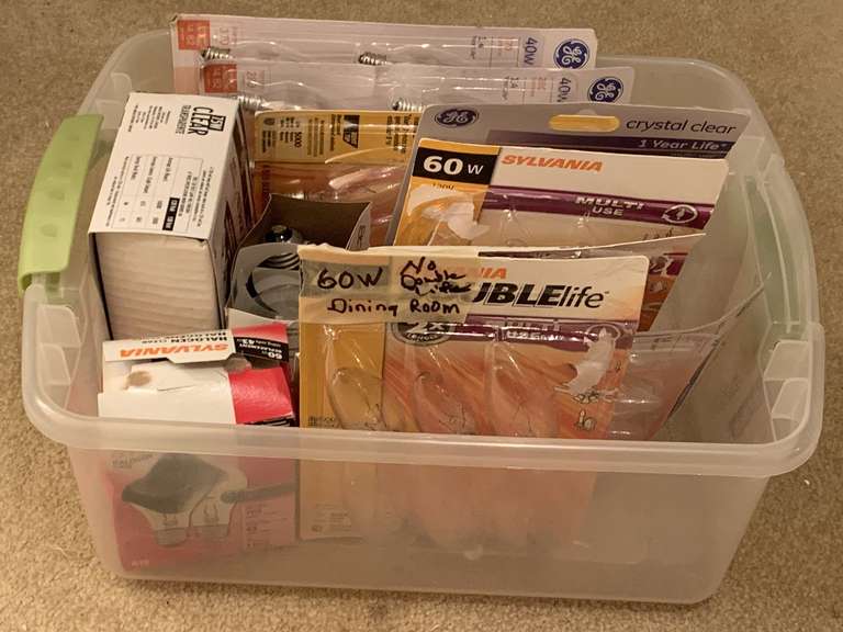 CRATE FULL OF MISC BULBS TO INCLUDE 60W, 40W CHANDELIER BULBS & MORE - CRATE INCLUDED - UP HALLWAY image