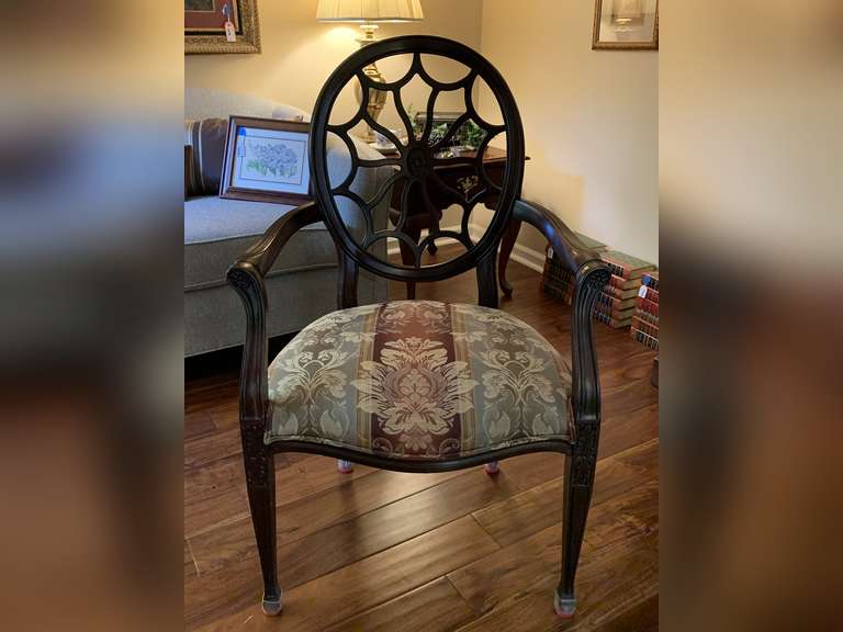 DECORATIVE DESIGNER MAHOGANY CHAIR WITH WEB BACK AND UPHOLSTERED SEAT BY FLEXSTEEL 25 1/2" WIDE X 41" TALL X 20" DEEP - LIVING ROOM image