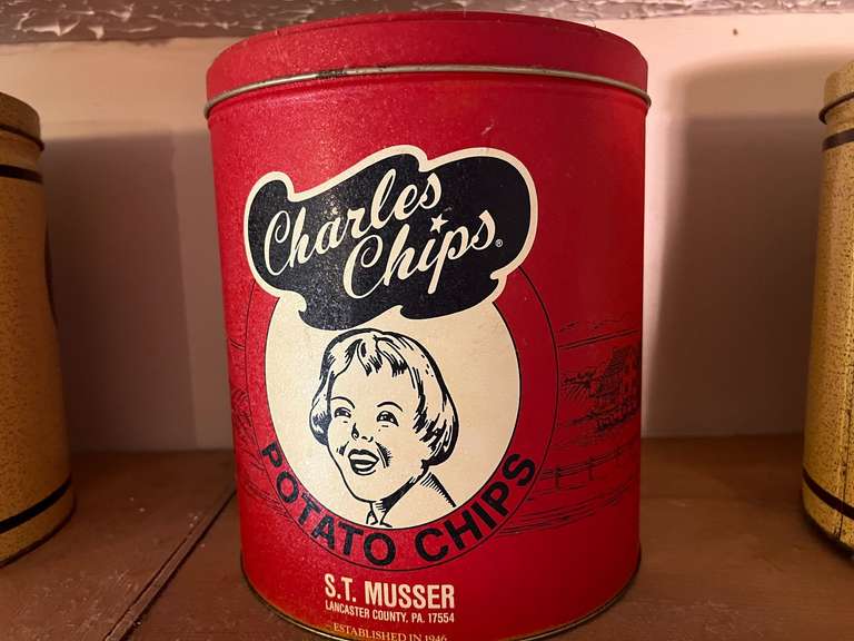 KIT… Vintage red Charles Chips tin, see pictures for details. image