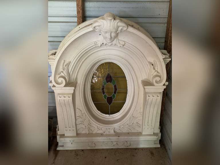 ANTIQUE PLASTER ORNATE WINDOW WITH STAINED GLASS INSERT 36" WIDE X 43" TALL X 9" DEEP - SHED image