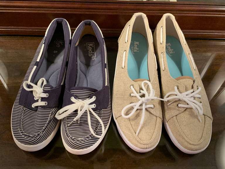 NEW KEDS GOLD MESH TENNIS SHOES SIZE 9 1/2 & KEDS NAVY/WHITE TENNIS SHOES SIZE 9 (GENTLY WORN) - UP MASTER BED image