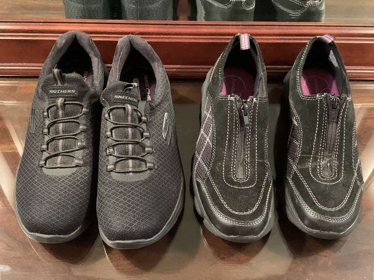 NEW SKETCHERS BLACK TENNIS SHOES SIZE 9 1/2M & NEW CROFT & BARROW BLACK ZIP UPS SIZE 9 1/2M - UP MASTER BED image