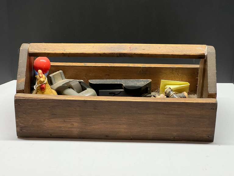 DEN…Vintage wooden tool carrier with assorted vintage household items, see pictures for details. image