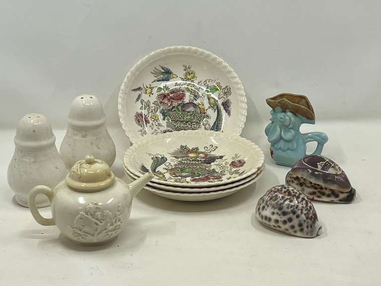 KIT…Nini collectible miniature “teapot”, vintage Johnson Brothers saucers, “Bird of Paradise”, seashell souvenirs, Mikasa salt and pepper shakers, and more. See pictures for details. image