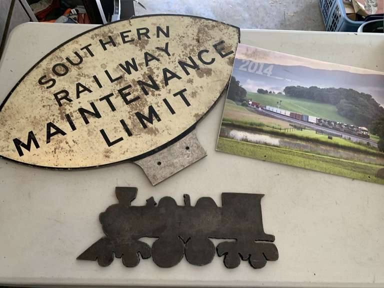 VINTAGE METAL SOUTHERN RAILWAY MAINTENANCE SIGN 25X18, METAL SIGN 14 1/2" X 6" & RAILROAD CALENDAR - GARAGE image