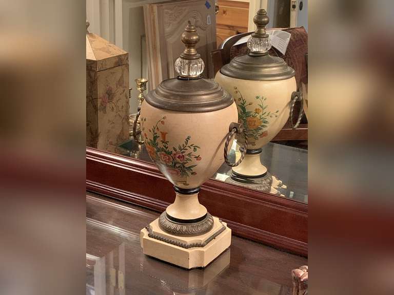 VINTAGE TALL METAL HAND PAINTED URN WITH BRASS LID 15" TALL X 7" WIDE - UP MASTER BED image