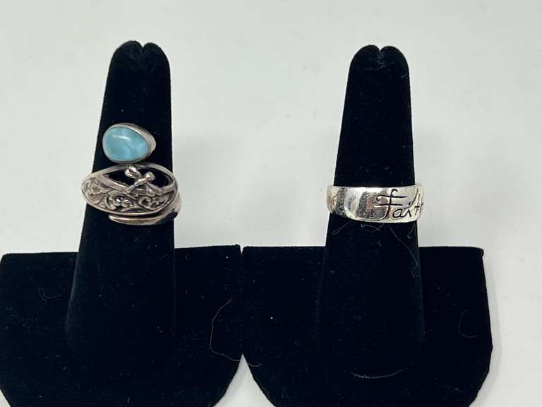 Sterling silver Faith ring, also includes a very unique sterling silver dragonfly ring with an egg shaped cabochon, believed to be Larimar, both pieces are stamped 925, see pictures for details. image