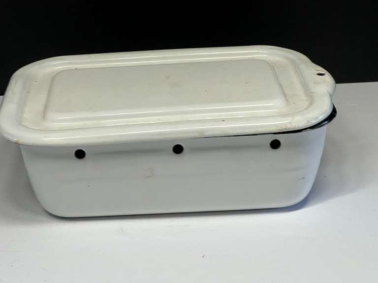 Vintage enamelware bin with lid, most likely used for storage and or sterilization, see pictures for details. image