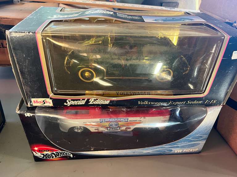 Collectible Maisto Volkswagen export sedan, and collectible Hot Wheels VW pick up, both pieces are 1/18 scale, see pictures for details. image