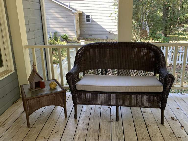 BROWN COATED WICKER SETTEE & SIDE TABLE W/ GLASS TOP - BACK PORCH image