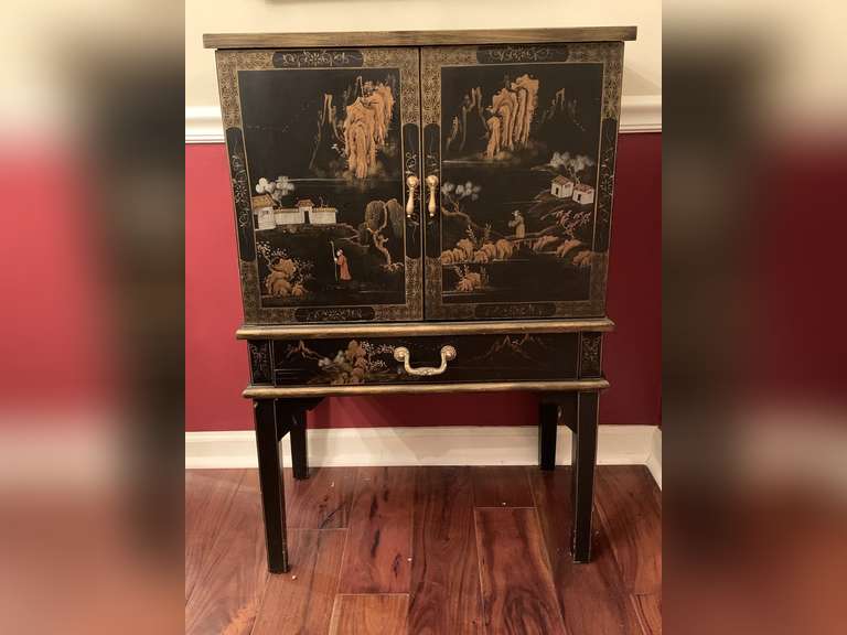 ORIENTAL BLACK HAND PAINTED CHEST 24" WIDE X 14" DEEP X 36 1/2" TALL (DOES NOT INCLUDE CONTENTS ON TOP) - DINING ROOM image