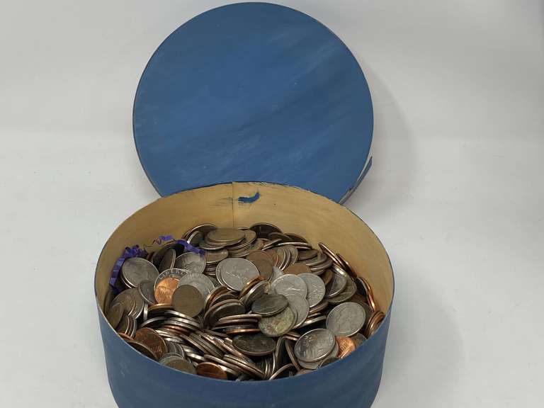 Round wooden storage/pantry box filled with assorted coins. Uncounted, but weighed, approximately 6.5 pounds of quarters, dimes, nickels, and pennies. See pictures for details. image