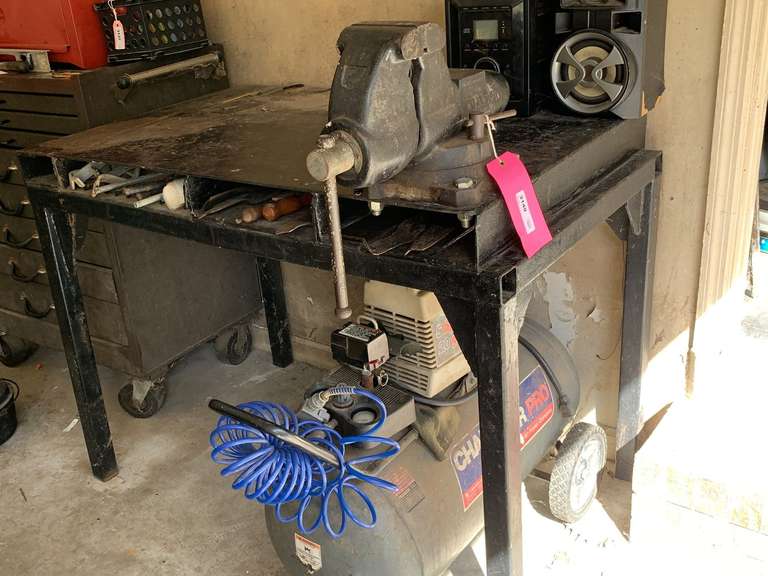 ANTIQUE LARGE WILTON VICE MOUNTED ON SOLID IRON TABLE WITH ALL CONTENTS IN OPEN DRAWERS (EXTREMELY HEAVY) 49" LONG X 28 1/4" DEEP X 36" TALL ***SPECIAL PICKUP INSTRUCTIONS - GARAGE image