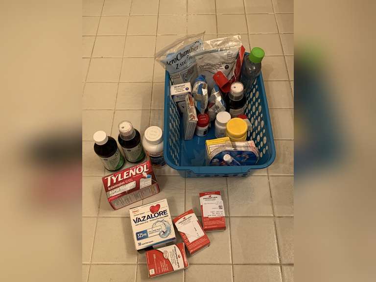 CRATE FULL OF ASSORTED MEDICINE TO INCLUDE PROAIR INHALERS, TUSSIN DM & MORE - UP MASTER BATH image