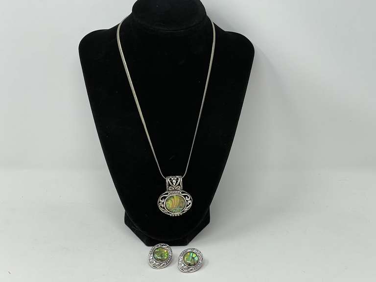 Lovely pendant necklace with matching earrings, has abalone inlays, see pictures for details. image